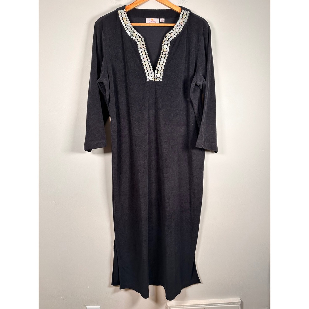 Quacker Factory Midi Dress Women L Black Terry Cloth resort beach Embellished
